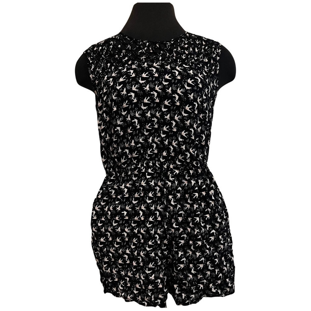 American Rag Romper Shorts Black Bird Print Exposed Zipper Pockets Womens Medium